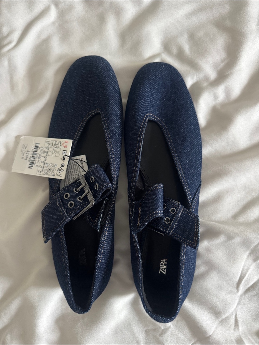 ZARA Navy Denim Buckle Slip-On Loafers